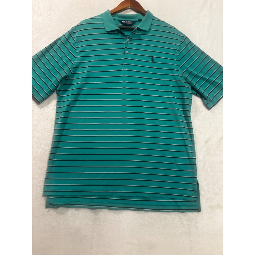 Polo‎ Golf Ralph Lauren Collared Shirt Teal Striped Pima Cotton Large Thrashed